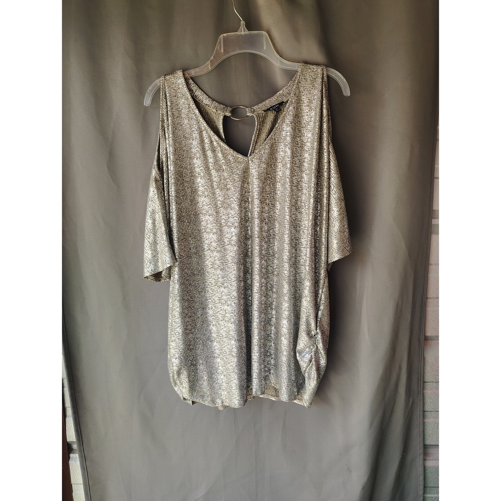 AUW Gold Metallic Cold Shoulder Top O-Ring Back Short Sleeve Blouse Plus Size 2X
